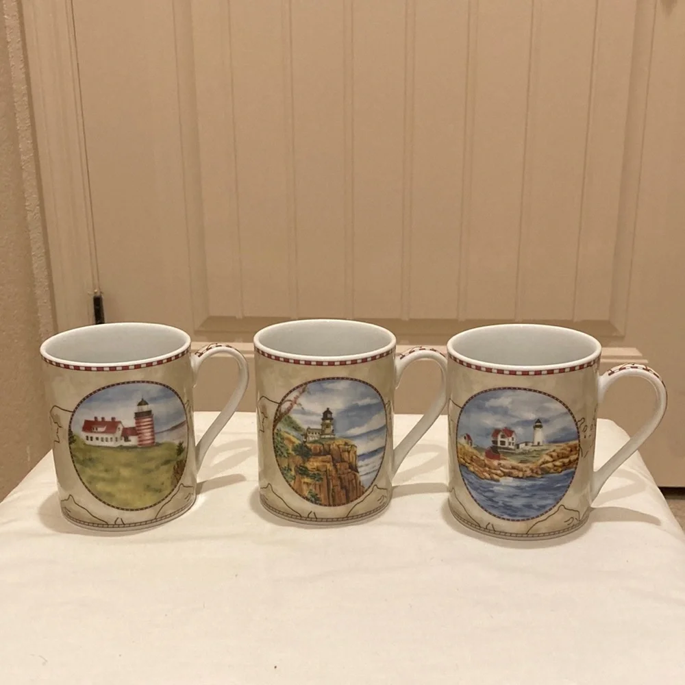 American Atelier at Home Set of 3 Porcelain Lighthouse Mugs Cups Signals 5100